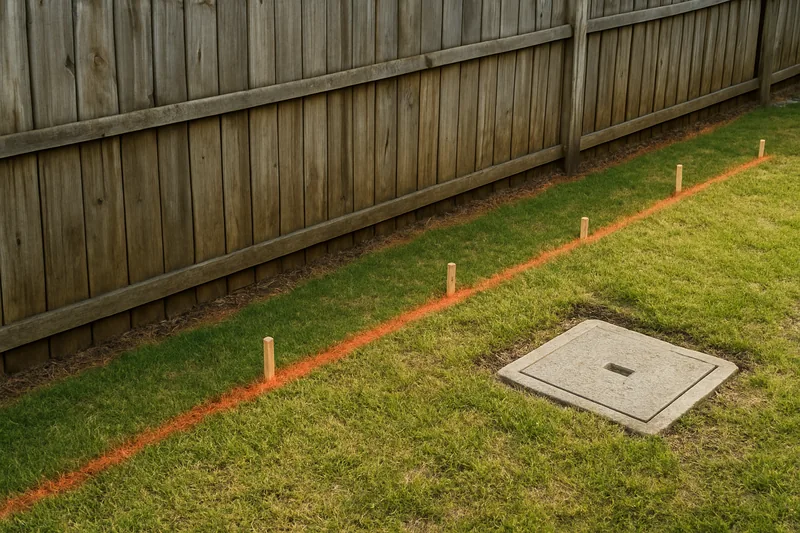 A strip of lawn along a back fence with a painted line, a row of pegs and a drain pit lid — deposited plans and easements, Albury. Illustrative example.