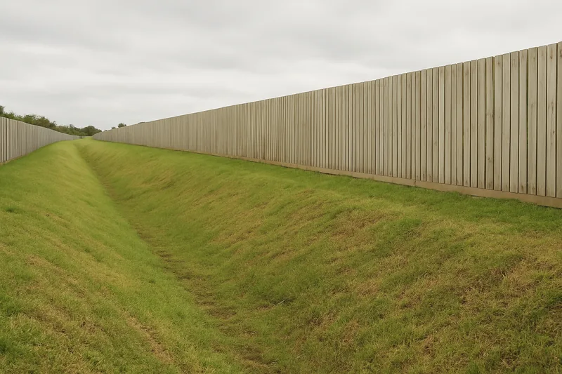 A wide grassed drainage channel running behind a row of low paling fences — planning controls and flood-prone land, Albury. Illustrative example.