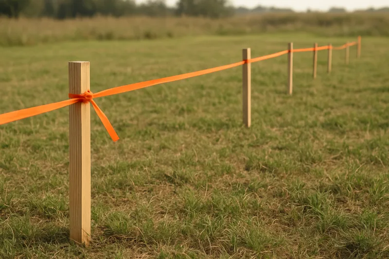 A line of timber pegs tied with orange tape across a vacant grass block — subdividing land, Albury. Illustrative example.