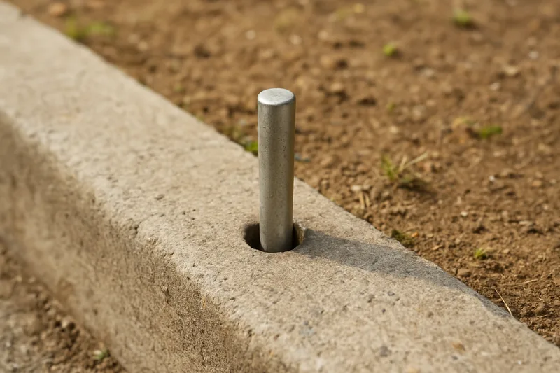 A plain metal pin set in a drilled hole in a concrete kerb edge — survey marks and boundary pegs, Albury. Illustrative example.