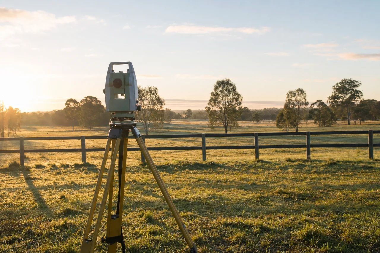 A total station on a tripod in an open grass paddock beside a timber fence — land surveying, Albury. Illustrative example.