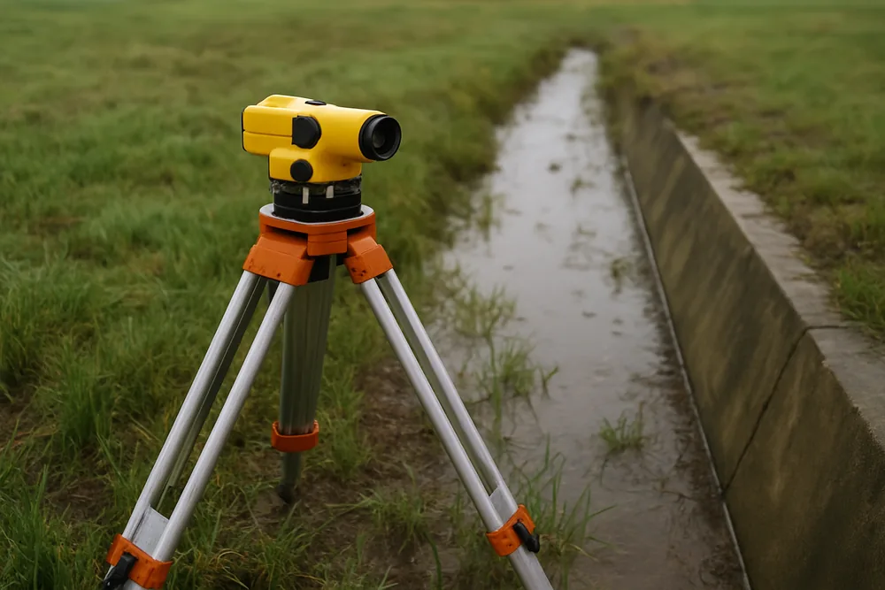 A levelling instrument on a tripod in wet low-lying grass beside a concrete drain — flood-prone land, Albury. Illustrative example.