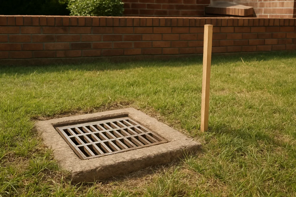 A concrete stormwater pit with a steel grate in a backyard lawn with a survey peg beside it — land surveying, Albury. Illustrative example.