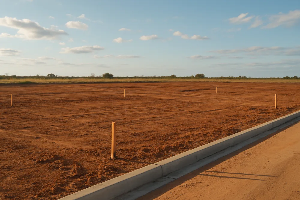 Bare graded earth lots with timber corner pegs and a newly formed concrete kerb — land surveying, Albury. Illustrative example.