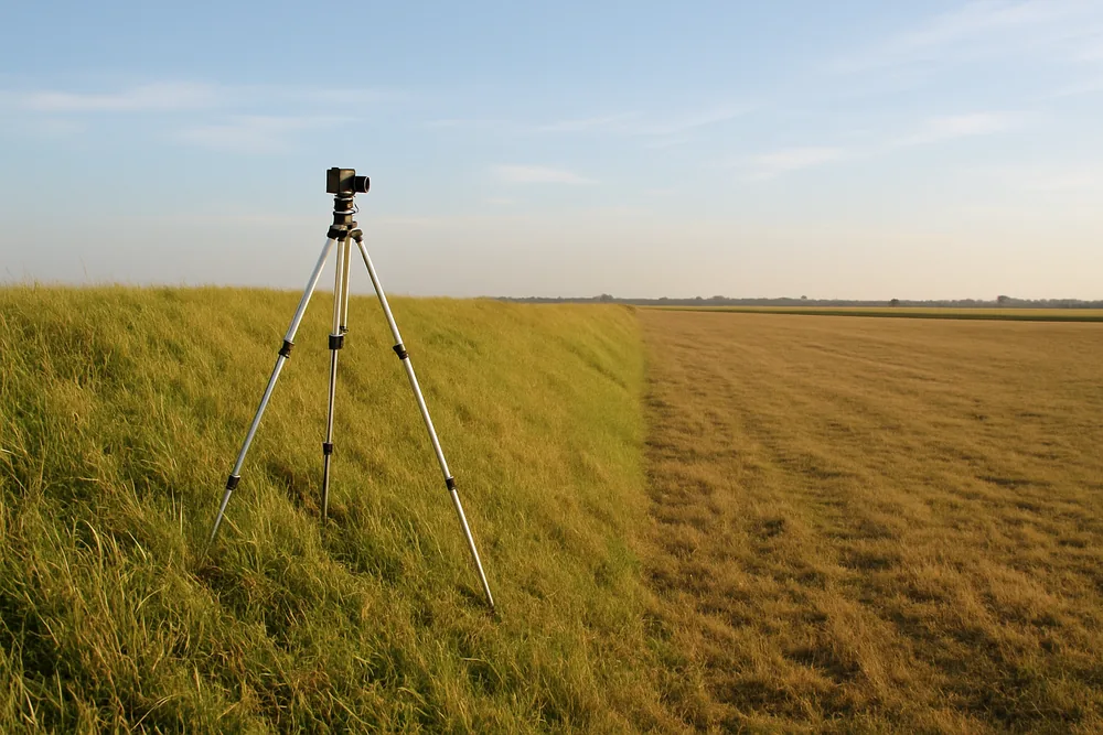 A long grassed earth embankment with a tripod standing on its crest against the sky — land surveying, Albury. Illustrative example.