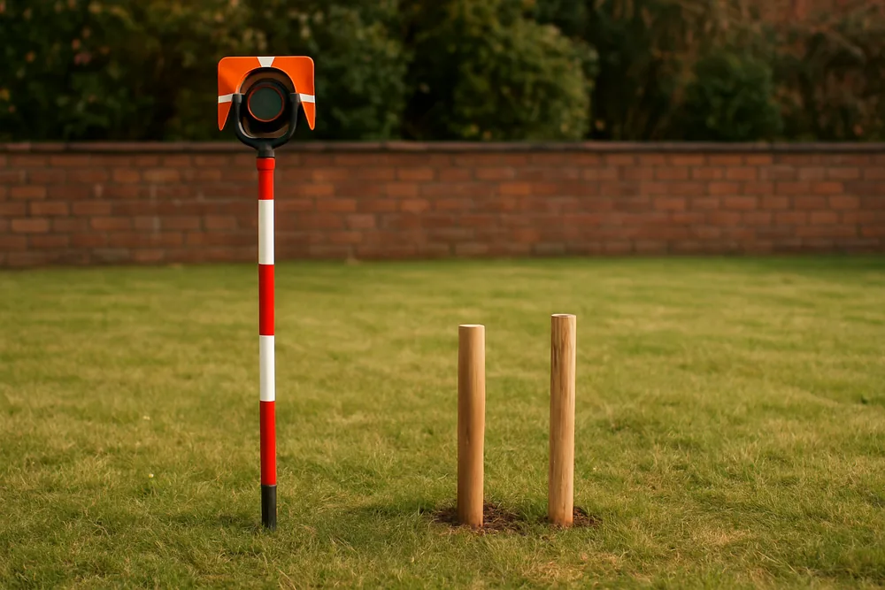 A prism pole on a lawn beside two plain timber pegs — land surveying, Albury. Illustrative example.