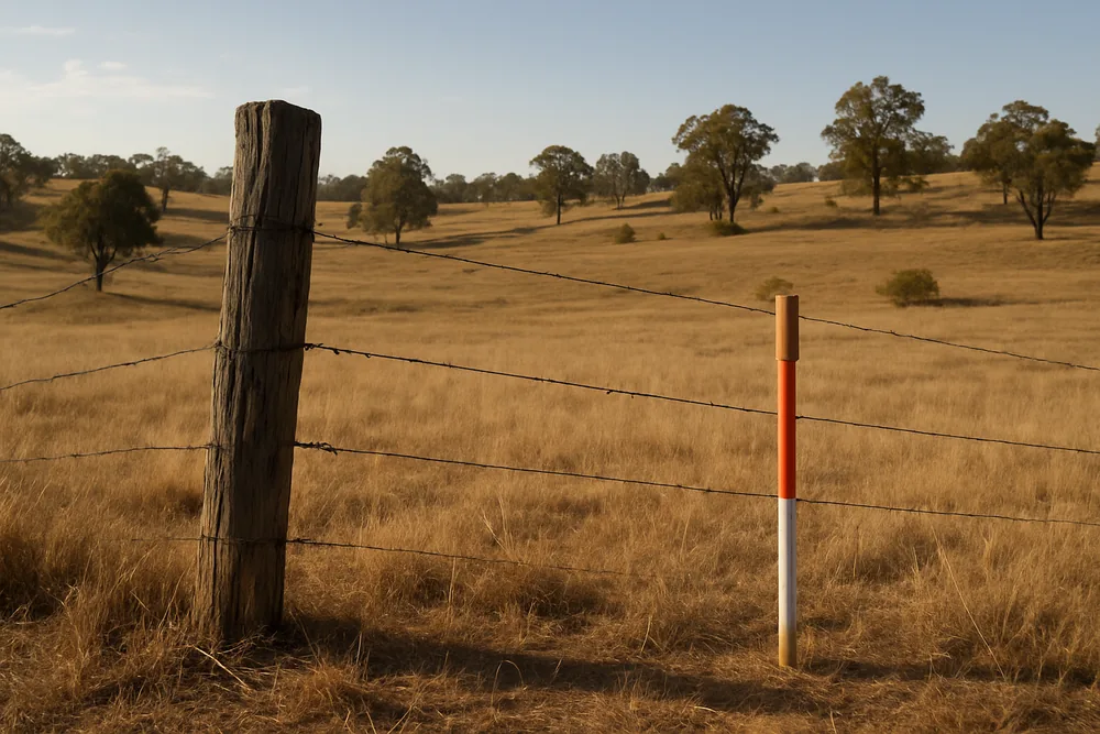 A rural fence line with a timber strainer post and a survey peg in dry grass — land surveying, Albury. Illustrative example.