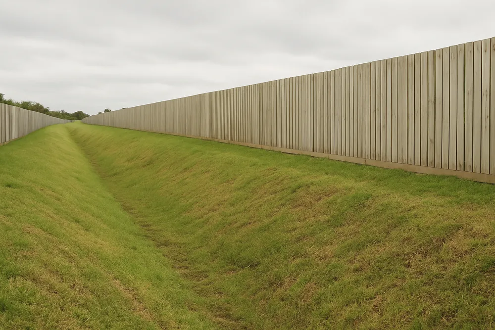 A wide grassed drainage channel running behind a row of low paling fences — planning controls and flood-prone land, Albury. Illustrative example.