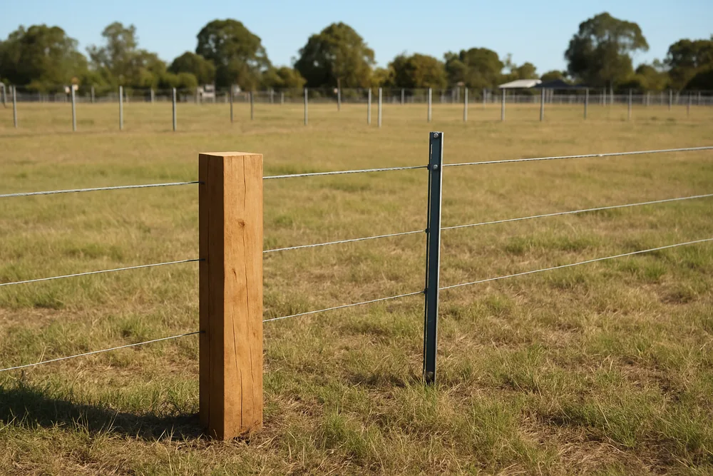 A timber corner peg beside a steel star picket in short grass on a vacant block — subdividing land, Albury. Illustrative example.