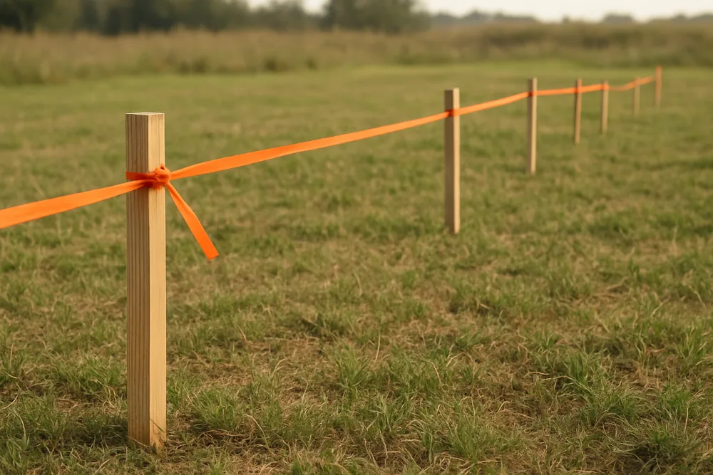 A line of timber pegs tied with orange tape across a vacant grass block — subdividing land, Albury. Illustrative example.