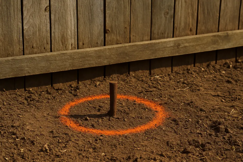 A short iron pin in bare soil at the foot of a paling fence with a painted ring around it — survey marks and boundary pegs, Albury. Illustrative example.