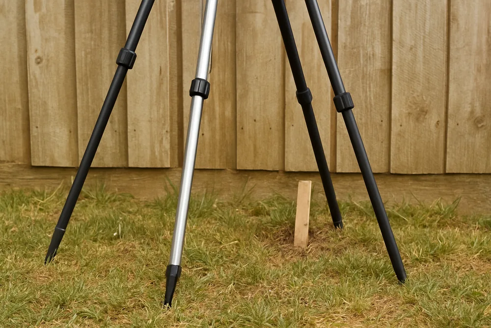 Three tripod legs planted in grass beside a paling fence with a peg at its foot — who prepares a survey plan, Albury. Illustrative example.